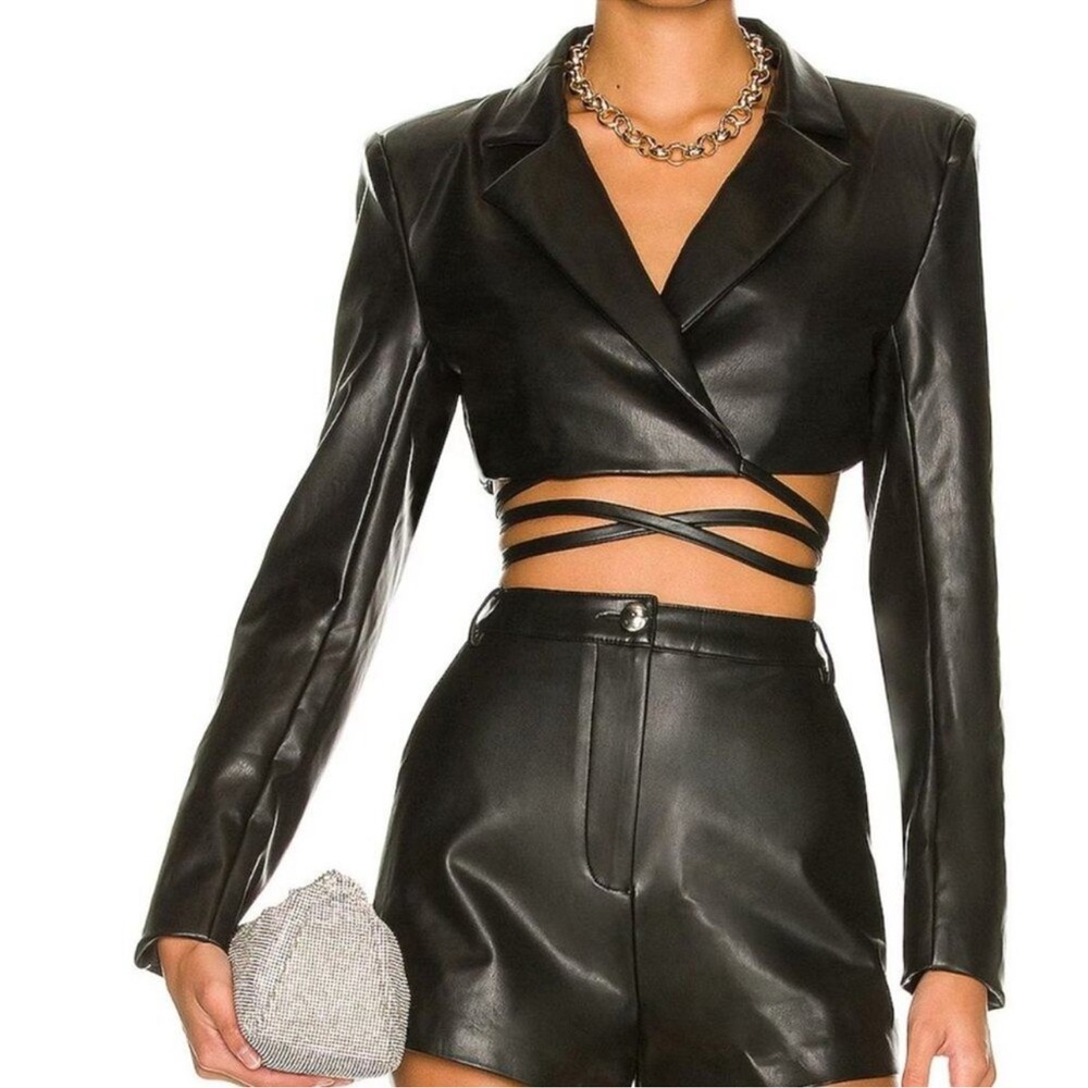 REVOLVE H:OURS Alvina Black Faux Leather Cropped Blazer Cropped Jacket